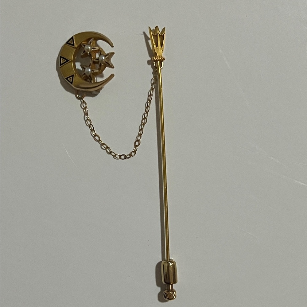 Vintage Art Deco 10K Gold Tri Delta Moon & Star Chain Stick Pin Brooch - Picture 5 of 14